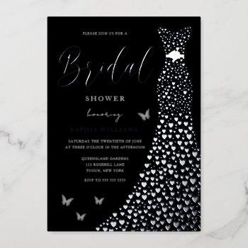 silver foil heart gown with black bridal shower foil invitation