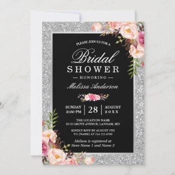 silver glitter sparkles floral bridal shower invitation