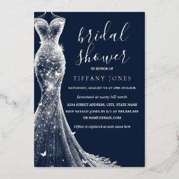 silver navy butterfly dress bridal shower  foil invitation