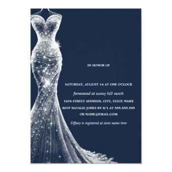 Silver Navy Butterfly Dress Bridal Shower  Foil Invitation Front View