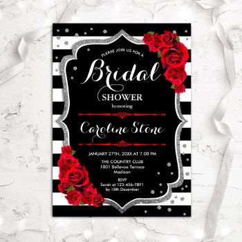 silver red black white stripes bridal shower invitation
