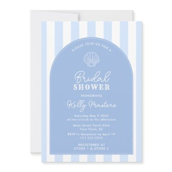 simple blue and white shell coastal bridal shower invitation