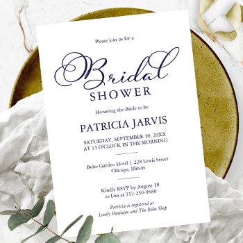 simple elegant navy blue script bridal shower invitation