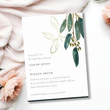 simple gold green eucalyptus foliage couple shower invitation