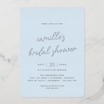  simple light blue and silver casual bridal shower foil invitation