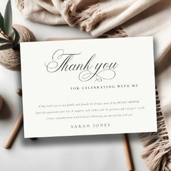 Simple Minimal Script Black White Bridal Shower Thank You Card Front View