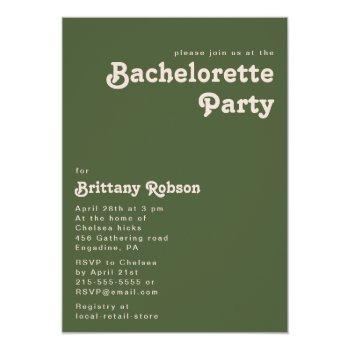 Simple Retro Vibes Olive Green Bachelorette Party Invitation Front View