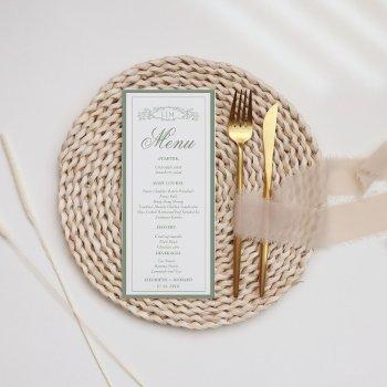simple sage green botanical crest monogram wedding menu