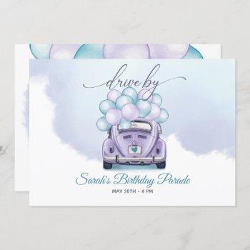 sky blue and lilac surprise driveby birthday invitation