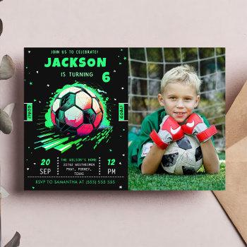 soccer neon birthday photo invitation 