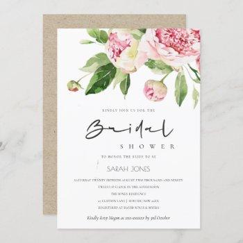 soft blush floral peony watercolor bridal shower  invitation