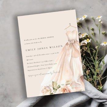 soft blush rose floral bridal dress bridal shower invitation