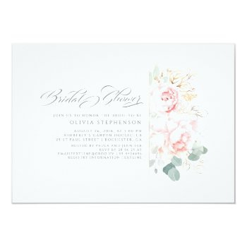 Soft Pink Flowers And Gold Greenery Bridal Shower Invitation Front View
