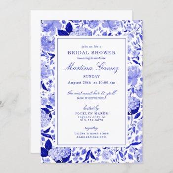 sophisticated royal blue floral bridal shower invitation