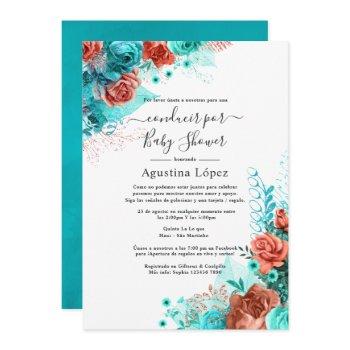 spanish turquoise and coral floral drive by shower invitation
