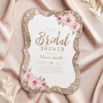 sparkle gold glitter and pink floral bridal shower invitation