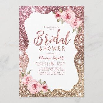 sparkle rose gold glitter and floral bridal shower invitation