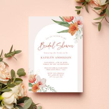 spring coral peach pink floral arch bridal shower invitation