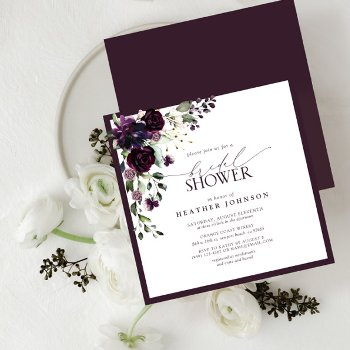 square plum purple watercolor floral bridal shower invitation