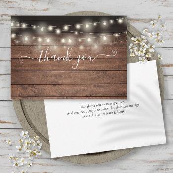 String Lights Rustic Wood Elegant Script Thank You Card Front View