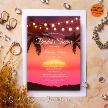 string lights tropical palm beach bridal shower invitation