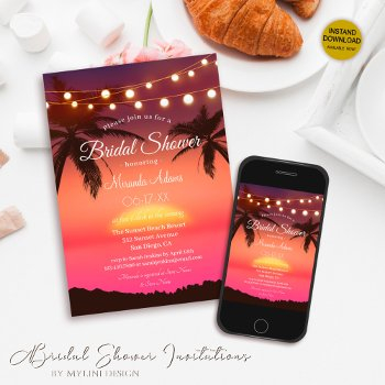string lights tropical palm beach bridal shower invitation