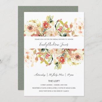 subtle peach pink watercolor floral bridal shower invitation