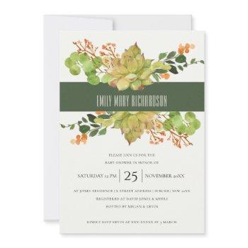 succulent cactus floral watercolor baby shower invitation