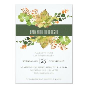 Succulent Cactus Floral Watercolor Baby Shower Invitation Front View