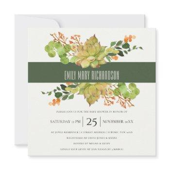 succulent cactus floral watercolor baby shower invitation