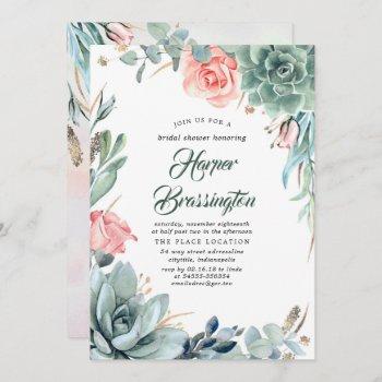 succulents greenery and pink rose bridal shower invitation