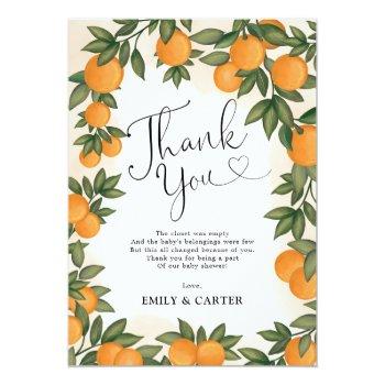 Summer Orange Citrus Botanical Greenery Shower Thank You Card Front View