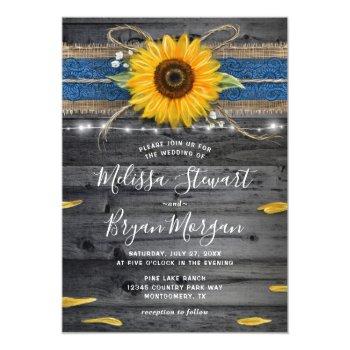 Sunflower Blue Lace Rustic Wood Wedding Invitation Front View