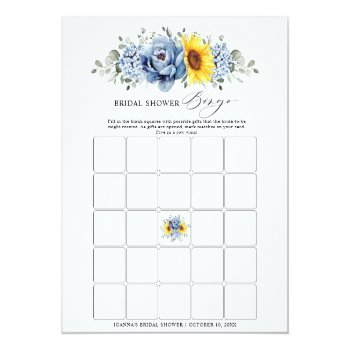 Sunflower Dusty Blue Slate Bridal Shower Bingo Front View