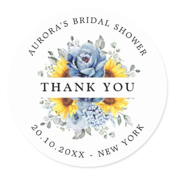 sunflower dusty blue slate bridal shower thank you classic round sticker