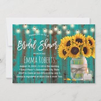 sunflower floral mason jar teal wood bridal shower invitation