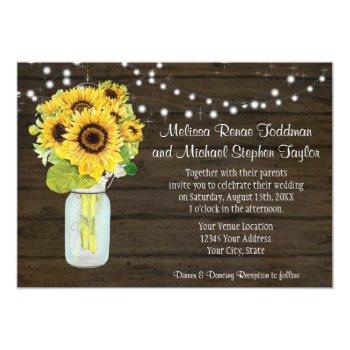 Sunflower Floral Rustic Country Mason Jar Lights I Invitation Front View