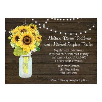 Sunflower Floral Rustic Country Mason Jar Lights Invitation Front View