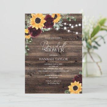sunflower roses burgundy wood bridal shower invitation