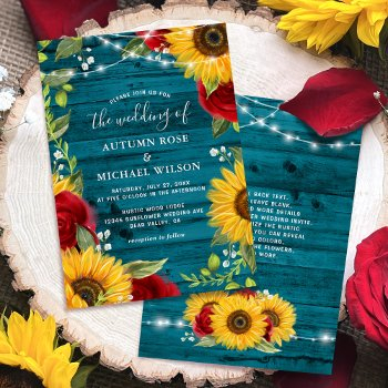 sunflower teal burgundy rose rustic wood wedding invitation