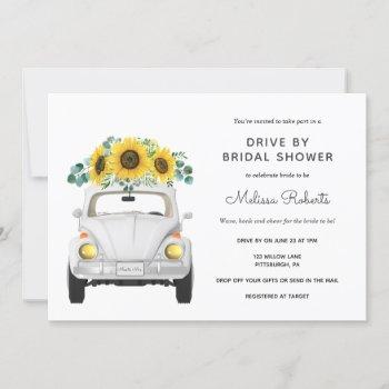 sunflower white car drive by bridal shower invitation