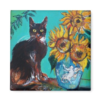 sunflowers with black cat in blue turquoise magnet