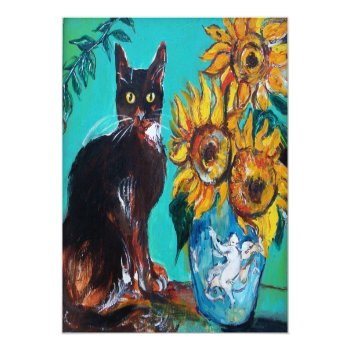 Sunflowers With Black Cat In Blue Turquoise Magnet Front View