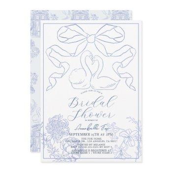 swan blue toile de jouy bridal shower invitation