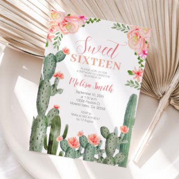 sweet 16 floral cactus succulent birthday girl  invitation