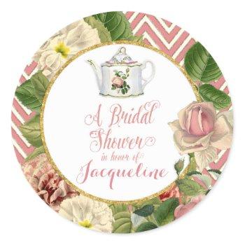 tea party bridal shower chevron stripes rose classic round sticker