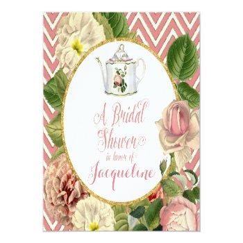 Tea Party Bridal Shower Chevron Stripes Rose Classic Round Sticker Front View