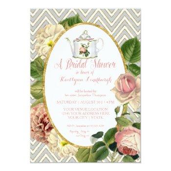 Tea Party Bridal Shower Chevron Stripes Rose Invitation Front View