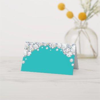 teal and silver diamond glitter food label place card