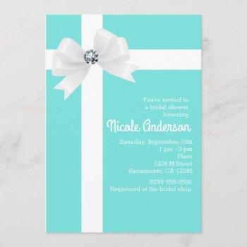 teal blue bridal shower white bow & diamond invitation